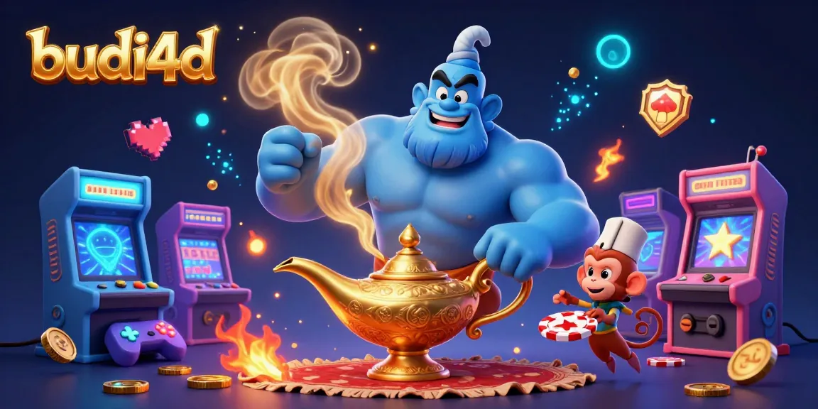 Experience the magic of budi4d with a vibrant genie scene, bursting with casino gaming elements.