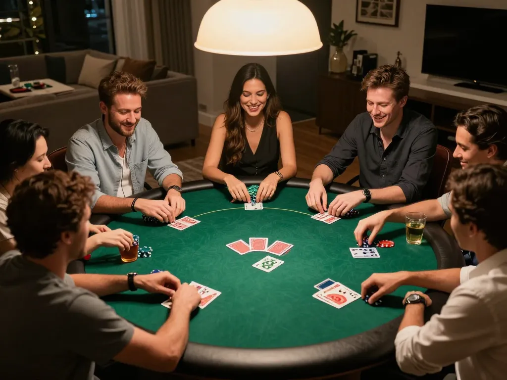 Engaged players enjoying a Texas Hold'em game at home during a friendly poker night with IDCASH 88 atmosphere.
