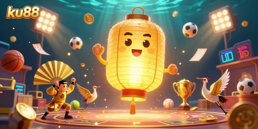 Engage with ku88 as a glowing lantern spirit illuminates a vibrant casino scene filled with action.