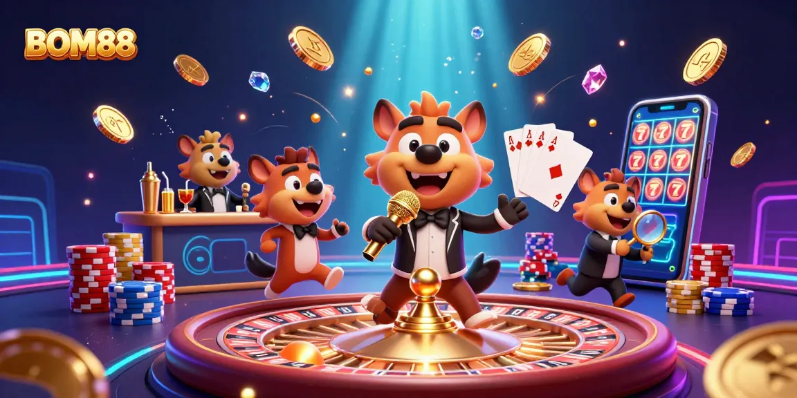BOM88 captures a lively casino scene with hyenas, golden coins, and vibrant game elements.