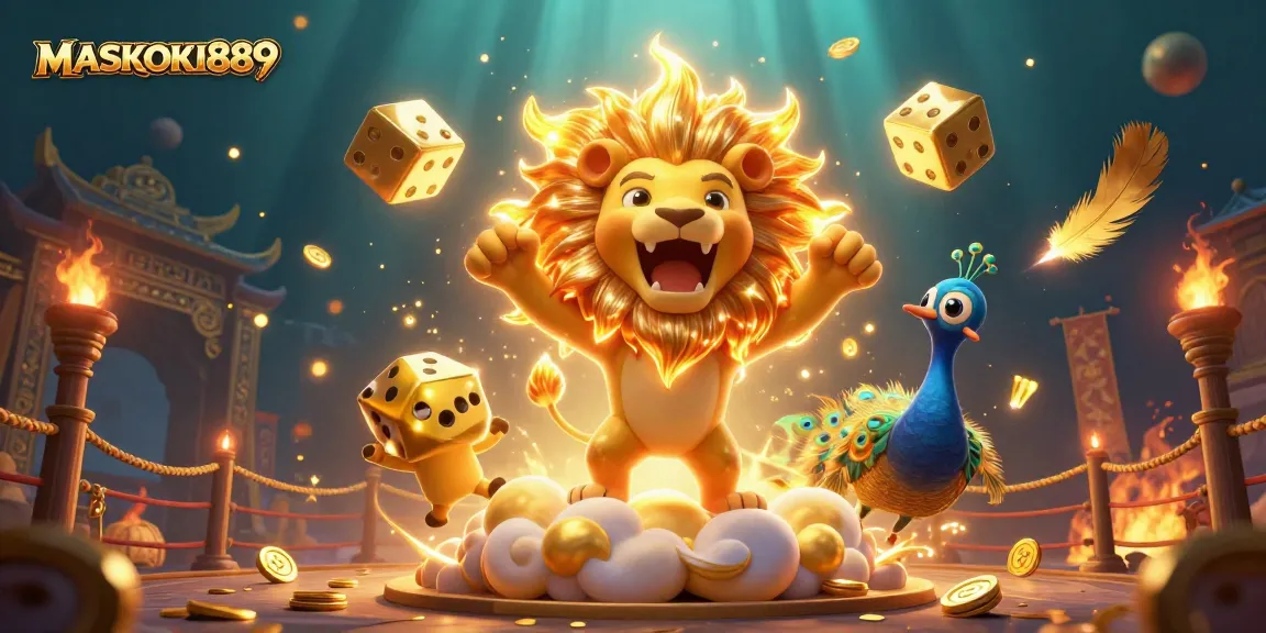Engage with the vibrant online gaming atmosphere of MASKOKI889 featuring unique characters and golden dice for excitement.