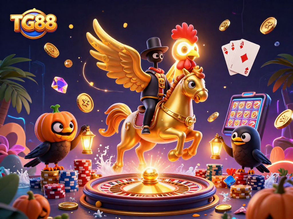 Experience the thrilling actions of TG88, where a golden rooster headless horseman rides through a mesmerizing midnight casino.
