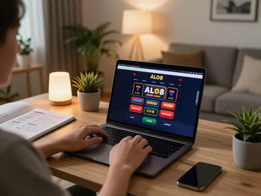 Player engaging with ALO8 online casino on laptop in a cozy home environment