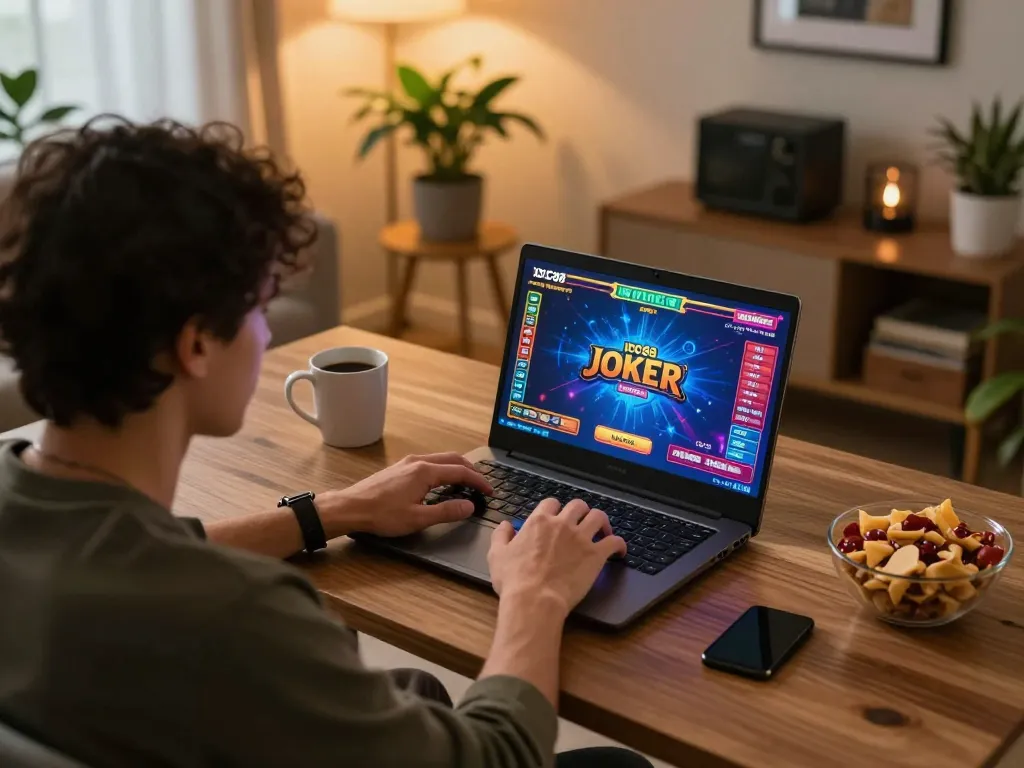 Engaging in IDC88 JOKER online gaming on a laptop, showcasing excitement in a cozy home setup.