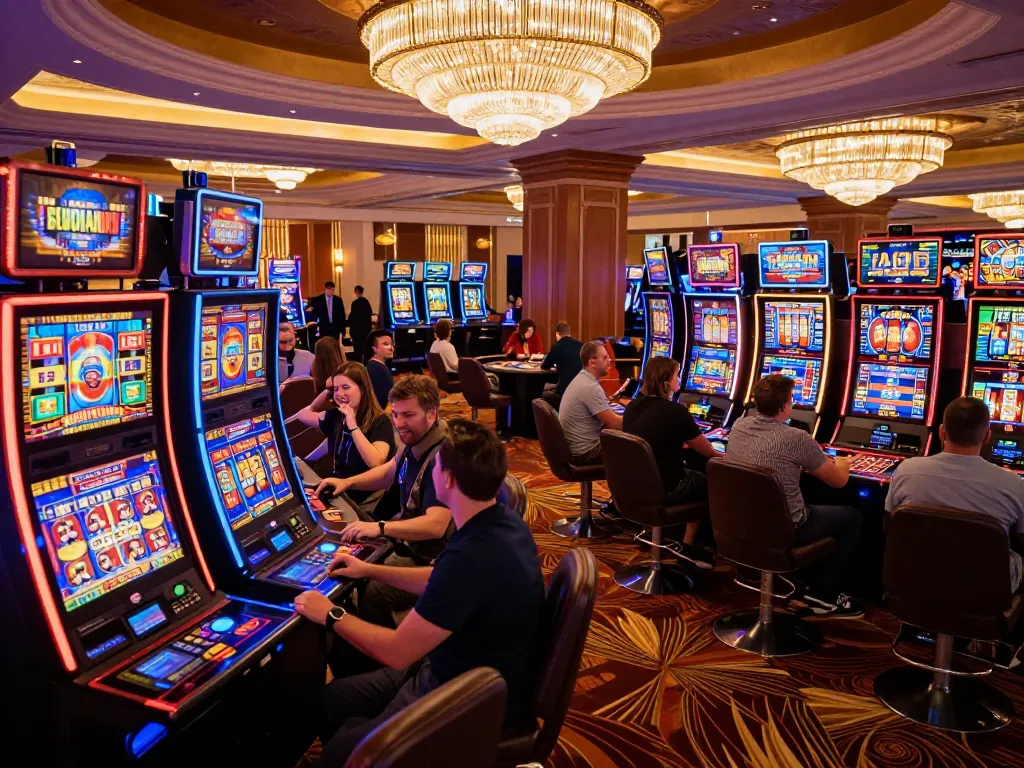 Players enjoying vibrant Pragmaticplay slot machines in a luxurious casino environment