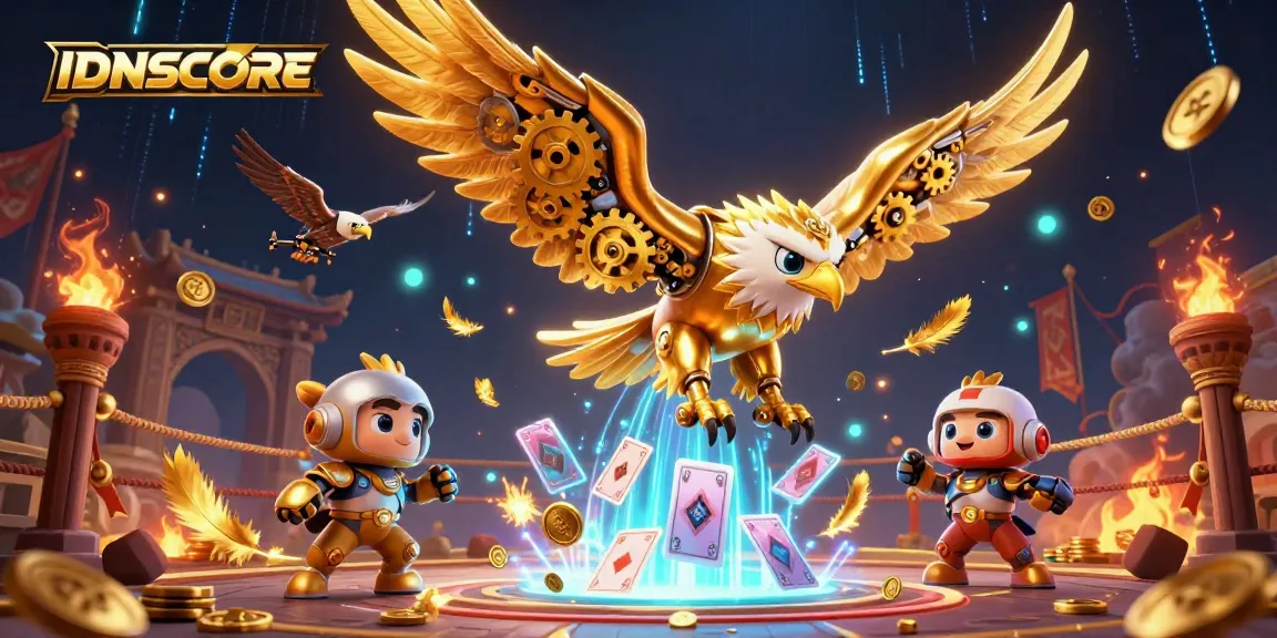 Experience IDNSCORE's thrilling dive into the world of online betting with a cybernetic eagle amidst vibrant gaming elements.