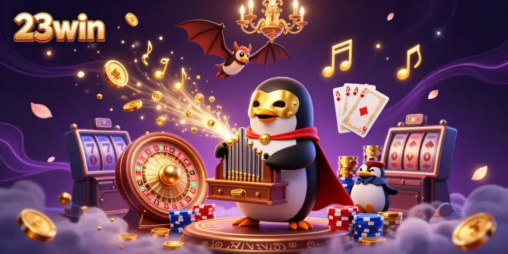Experience the vibrant excitement of 23win casino with this epic 3D illustration featuring a penguin, golden coins, and dazzling gaming elements.
