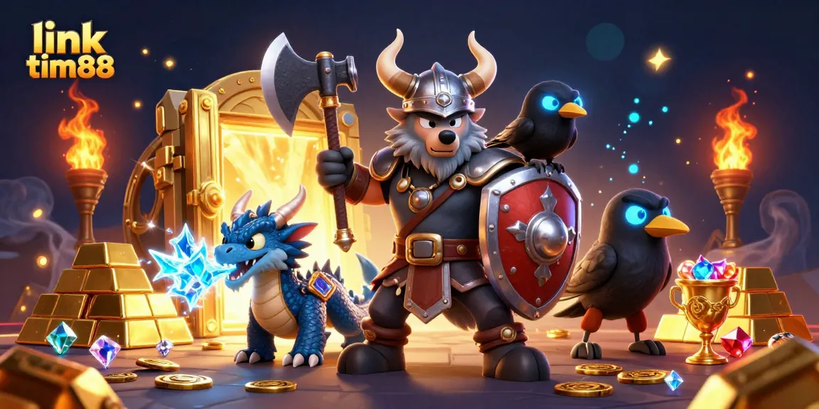 Engage with exciting gameplay at link tim88 featuring a Viking warrior and enchanting casino treasures.