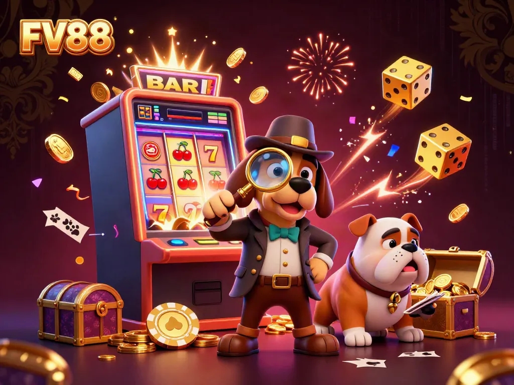 Experience the excitement of FV88 with a cartoon detective uncovering casino treasures through gameplay.