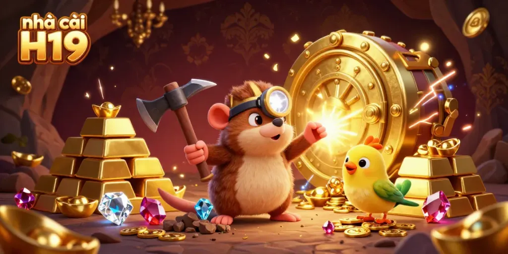 Experience excitement at nhà cái H19 with treasures and gems scattered in a vibrant casino adventure.