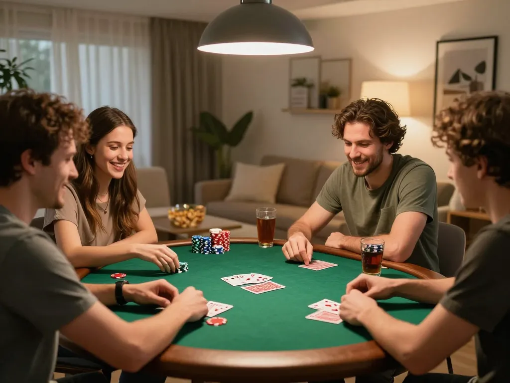 Engaging poker night scene with friends playing, highlighting mantra88 gaming enthusiasm and strategy.
