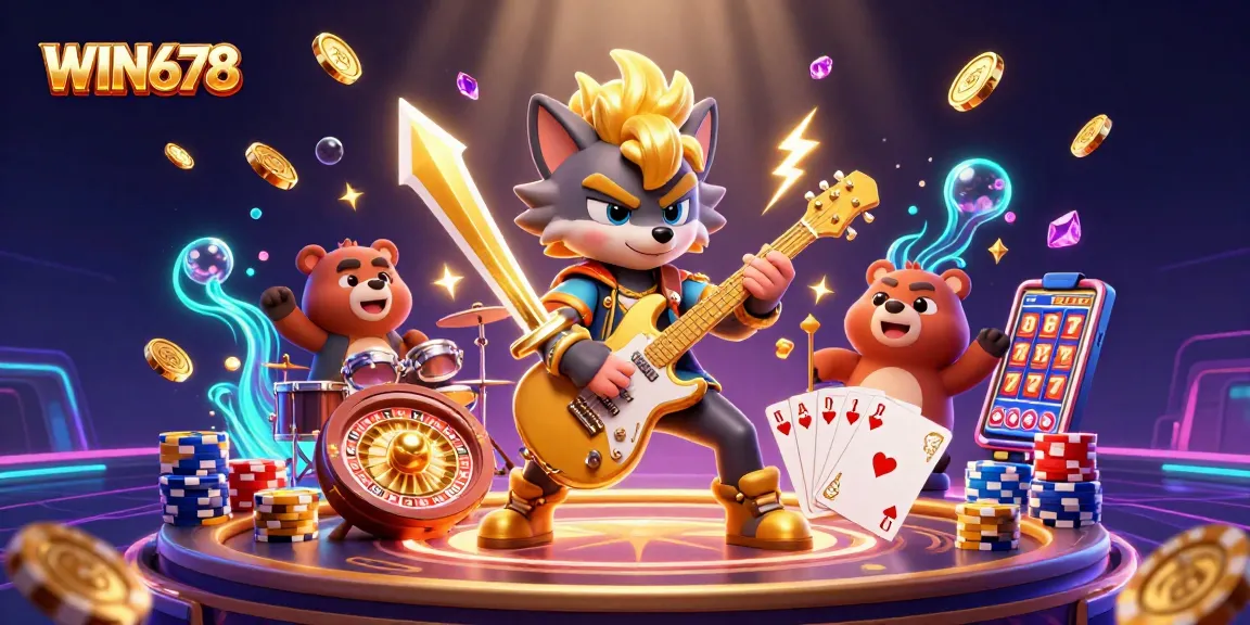 Experience the thrill at WIN678 casino with a vibrant scene featuring a rock star wolf and drummer bear.