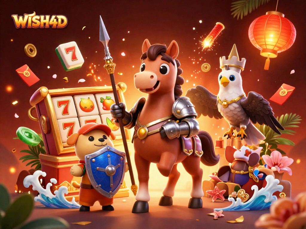Experience gaming excitement with the WISH4D knight, horse, and squire in a vibrant casino scene.