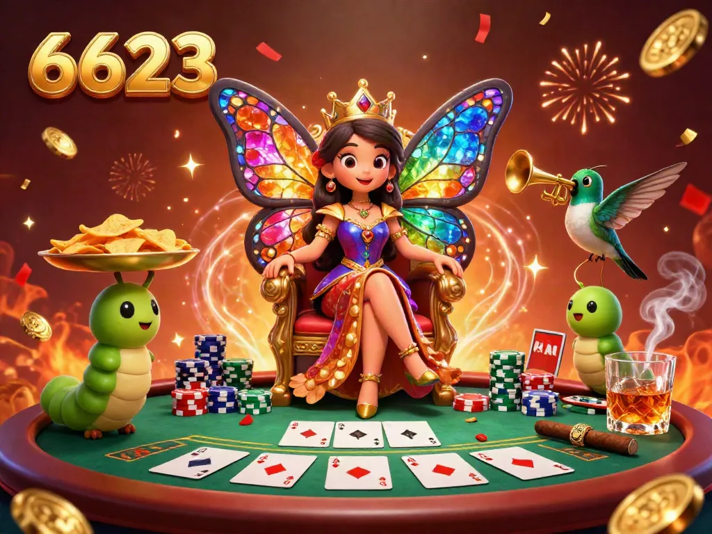 Experience winning thrills at 6623 with a vibrant casino scene featuring a butterfly queen and dynamic poker elements.