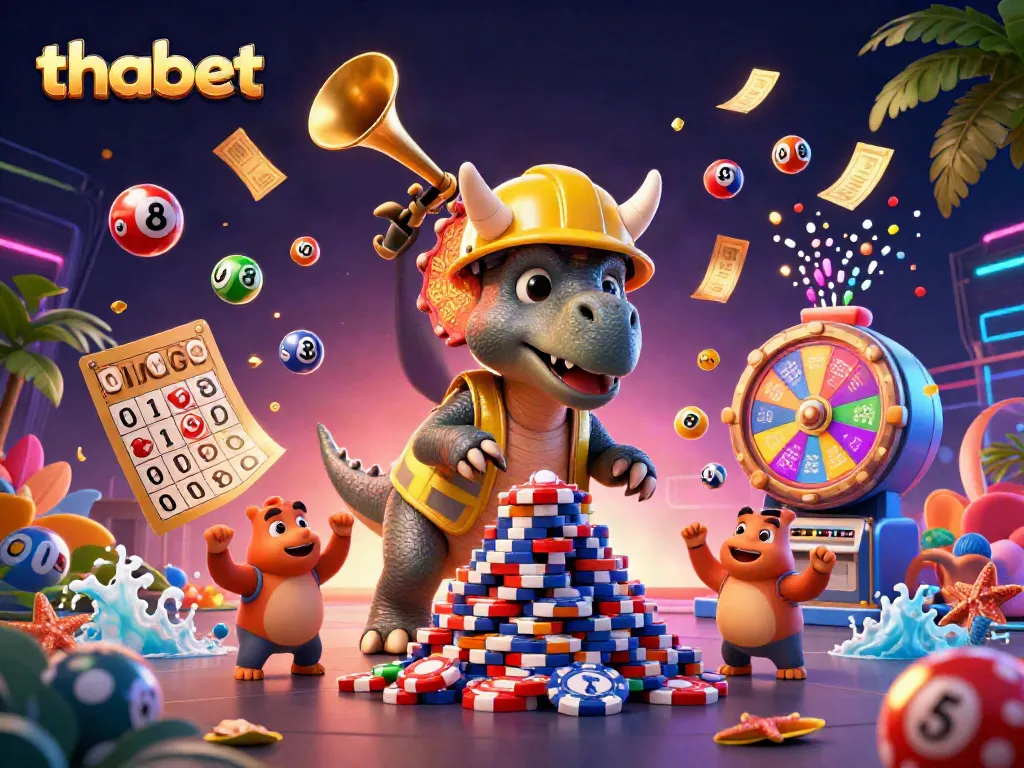 Engaging scene illustrating thabet with cheerful characters and vibrant lottery elements in a dynamic casino setting.