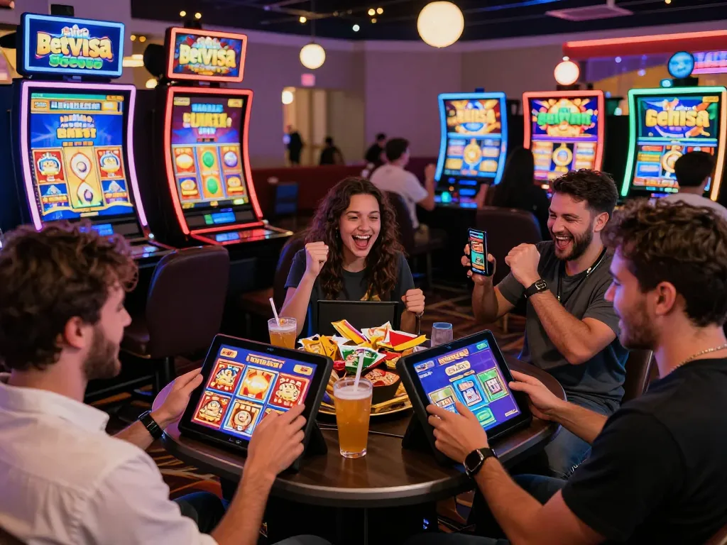 Excited players enjoying BetVisa Slot games in a vibrant online casino setup.