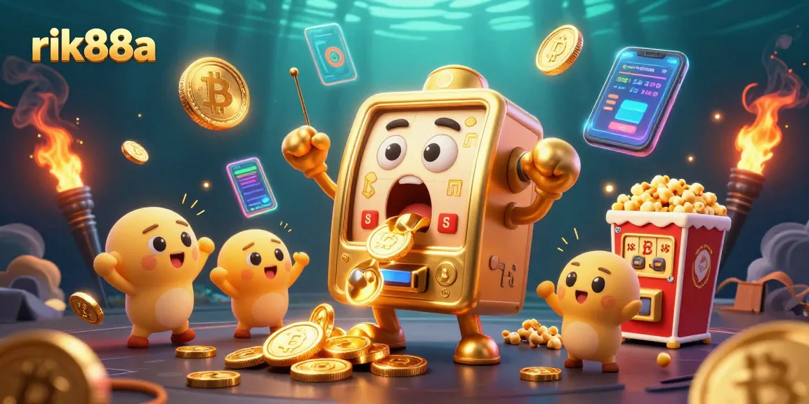 Win big with rik88a at the jackpot, featuring vibrant slots and crypto elements.