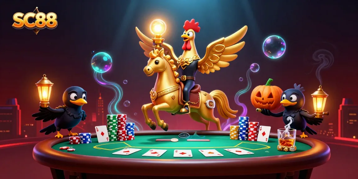 Experience SC88's vibrant casino world with a golden rooster and captivating game elements in a midnight scene.