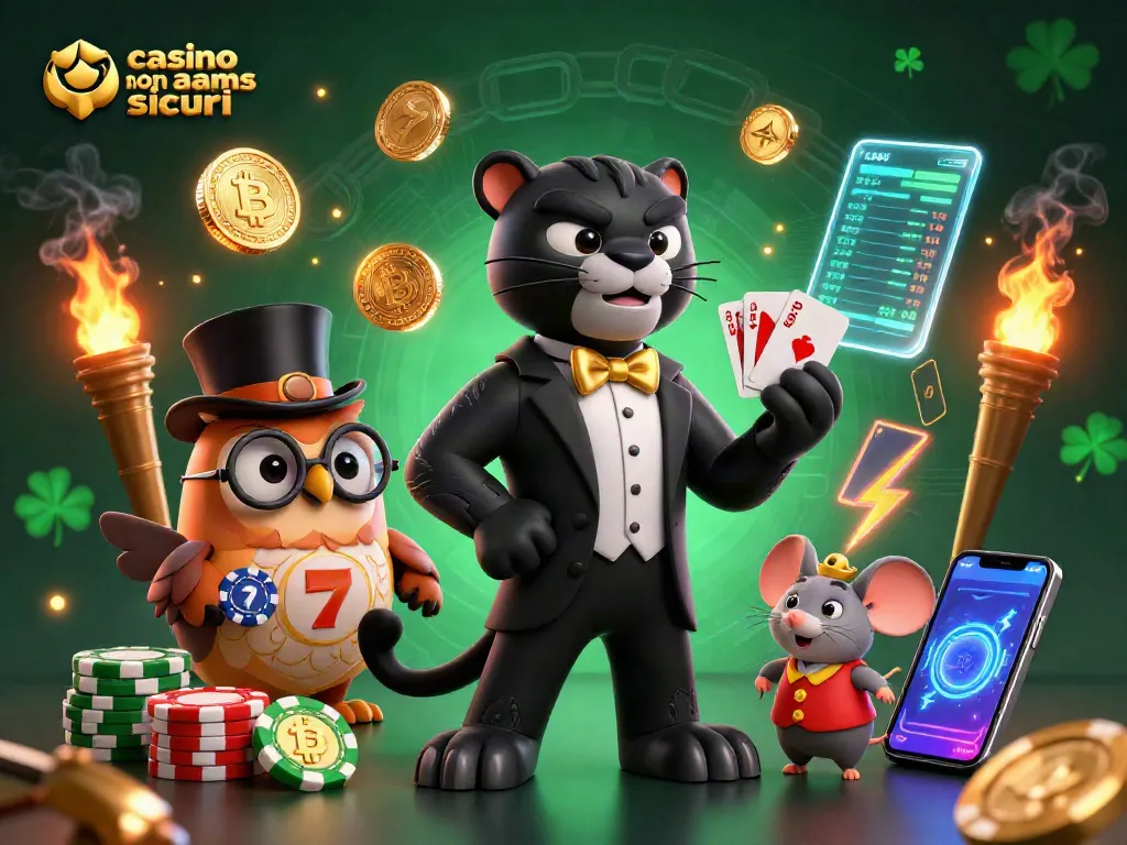 Illustrazione che mostra il "casino non AAMS sicuri" con un pantera elegante e personaggi coinvolgenti in un ambiente di gioco avvincente.