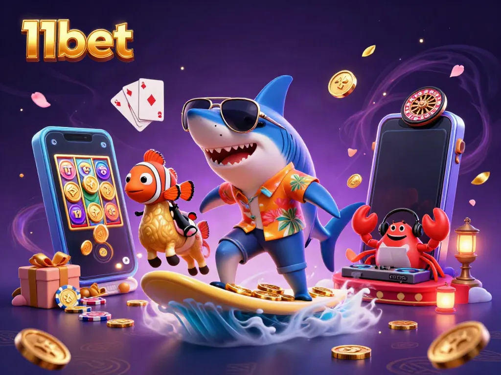 Enjoy thrilling moments at 11bet with a playful shark and vibrant gaming elements.