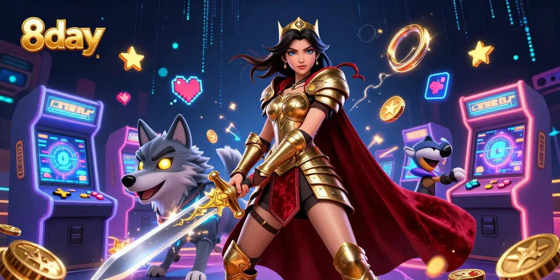Engage in thrilling gaming with 8day's luminous digital casino scene featuring a warrior queen and a glowing wolf.