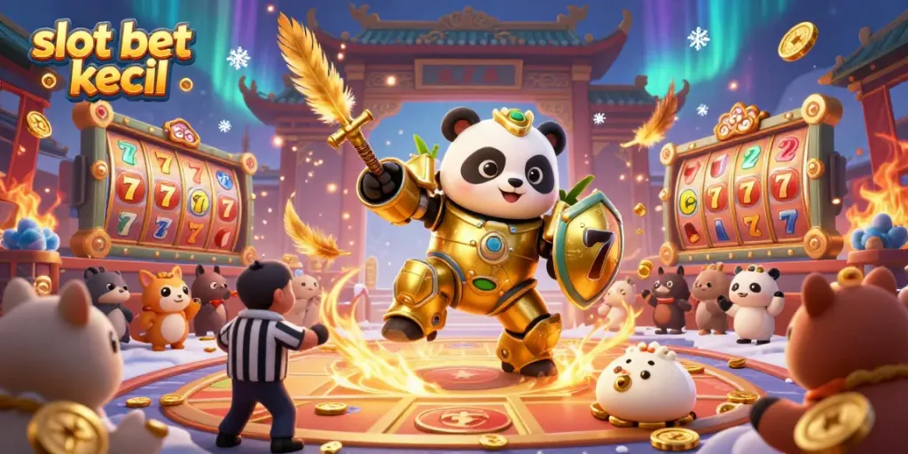 Permainan slot bet kecil yang seru dengan panda emas dan robot bertarung, suasana meriah.
