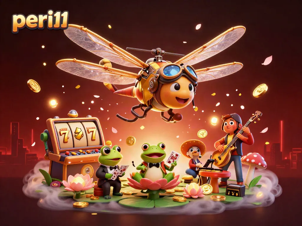 Play and win at peri11 with the dragonfly pilot, frog croupier, and musical cricket in a vibrant casino scene.