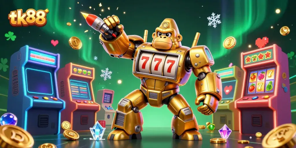 Experience thrilling action with tk88 featuring a golden gorilla mech amidst colorful arcade game elements.