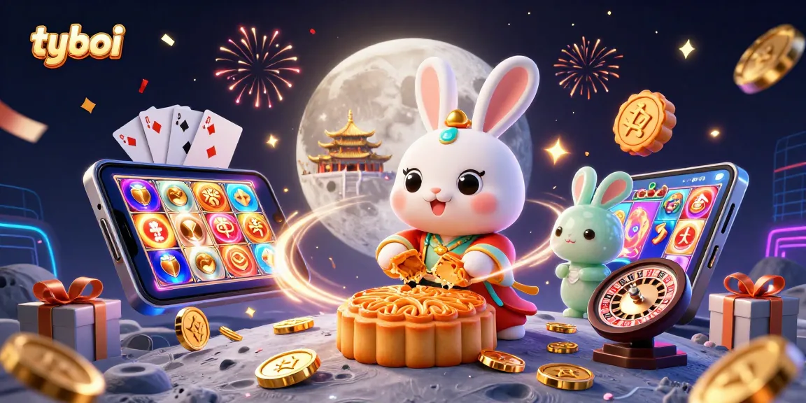 Experience thrilling tyboi gaming with a vibrant moon rabbit scene filled with poker chips and festive energy.
