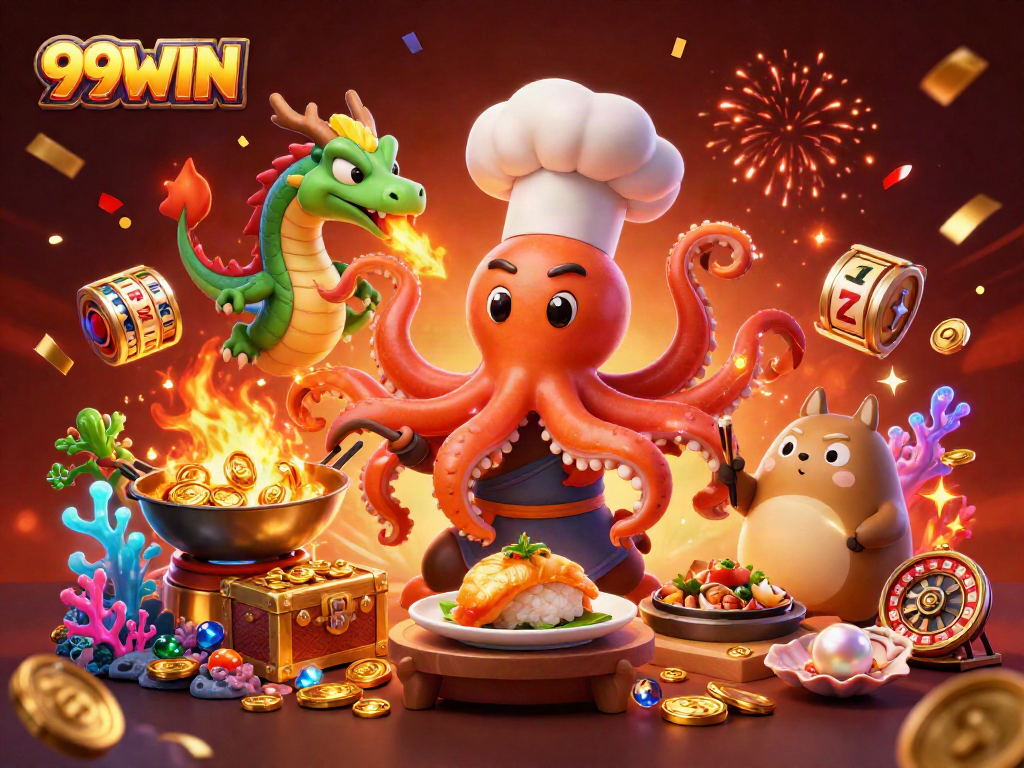 Engage in the vibrant world of 99WIN with a colorful 3D casino scene featuring exciting game elements and characters.
