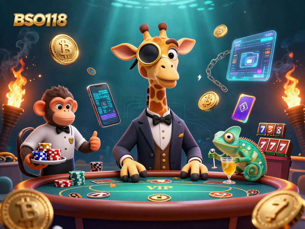 Experience the exciting world of BSO118 with high-roller giraffes and neon crypto coins at a vibrant casino.