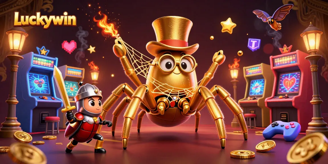 Luckywin casino illustration featuring a golden tarantula in a top hat amid vibrant arcade games.