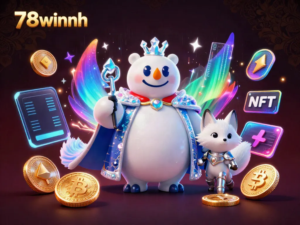 Engage with 78winnh in a vibrant 3D casino scene featuring a polar bear and snow fox amidst glowing crypto elements.