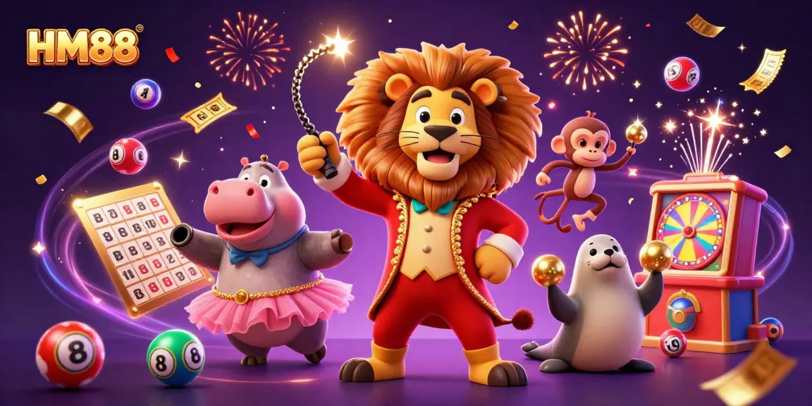 Join the fun at HM88 with a vibrant illustration of lively casino characters and exciting game elements.