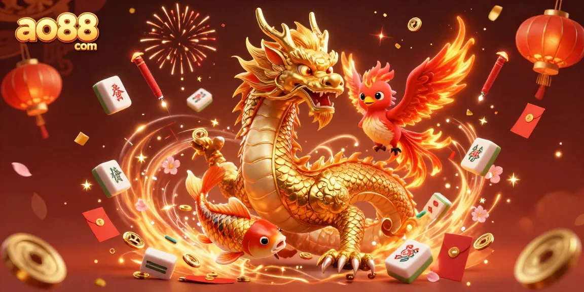 Engage with exciting games at ao88 com featuring a powerful dragon amidst golden coins and celebratory elements.