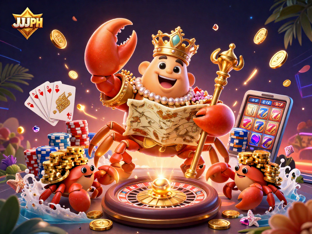 Experience the vibrant excitement of JJJPH with a golden crab emperor surrounded by casino treasures.