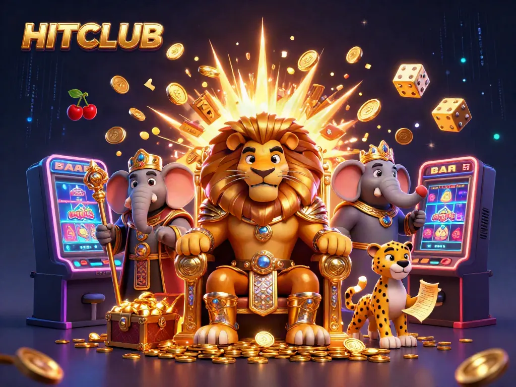 Experience the thrilling world of HITCLUB with a lion king and vibrant casino elements exploding with excitement.