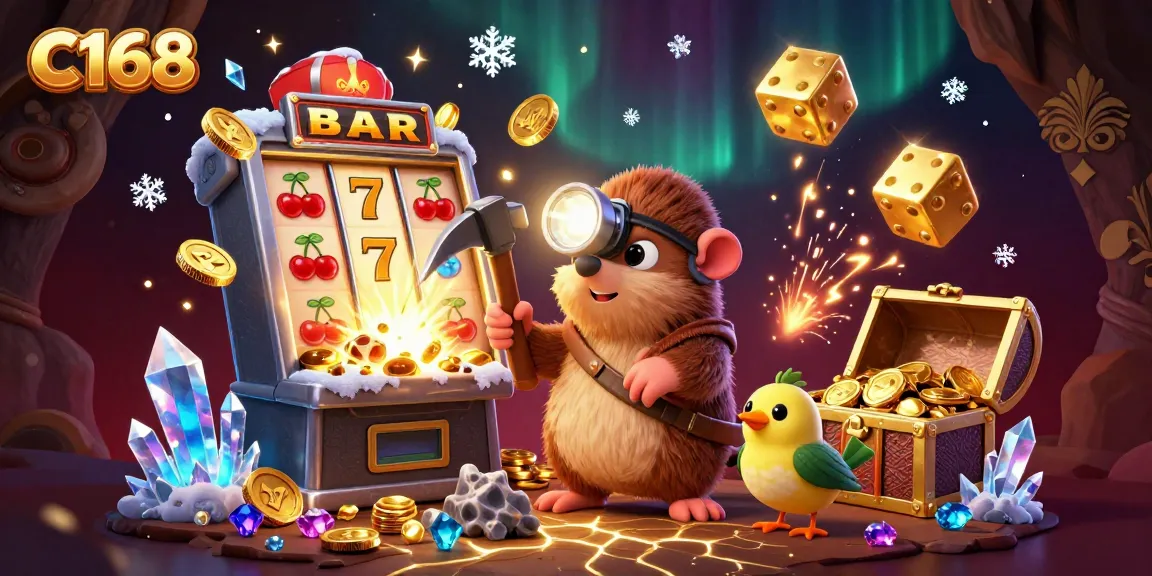C168 promotes excitement with a treasure hunter mining in a dazzling cave, surrounded by slot game symbols and glowing gems.