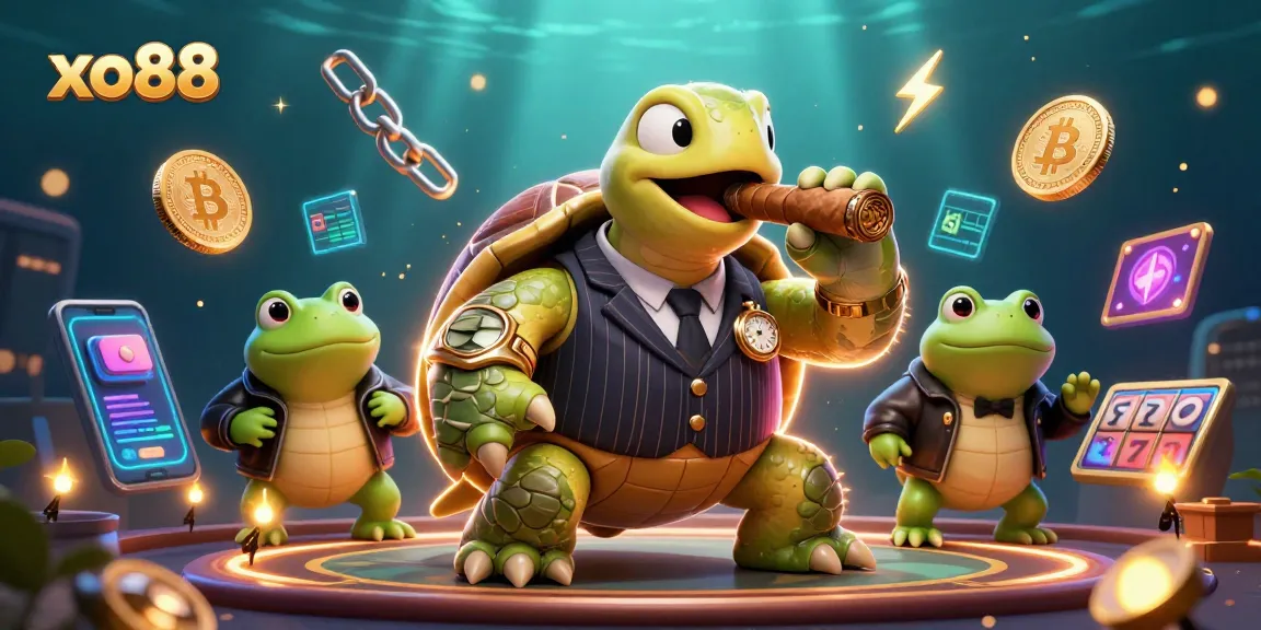 x088 showcases a vibrant casino scene with a tortoise mobster and bullfrog enforcers, featuring slot reels.