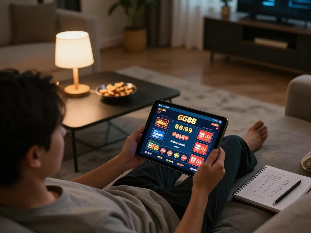 Engaged player using GG88 casino app on tablet in a cozy home gaming setup