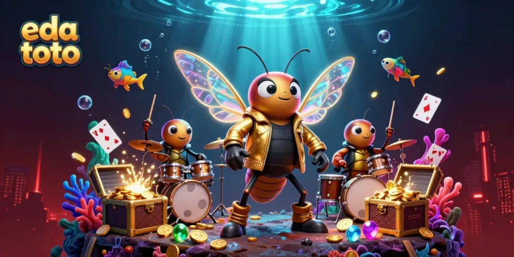 Experience the excitement of eda toto with a vibrant 3D drawing featuring a rock star cicada and iconic casino elements.