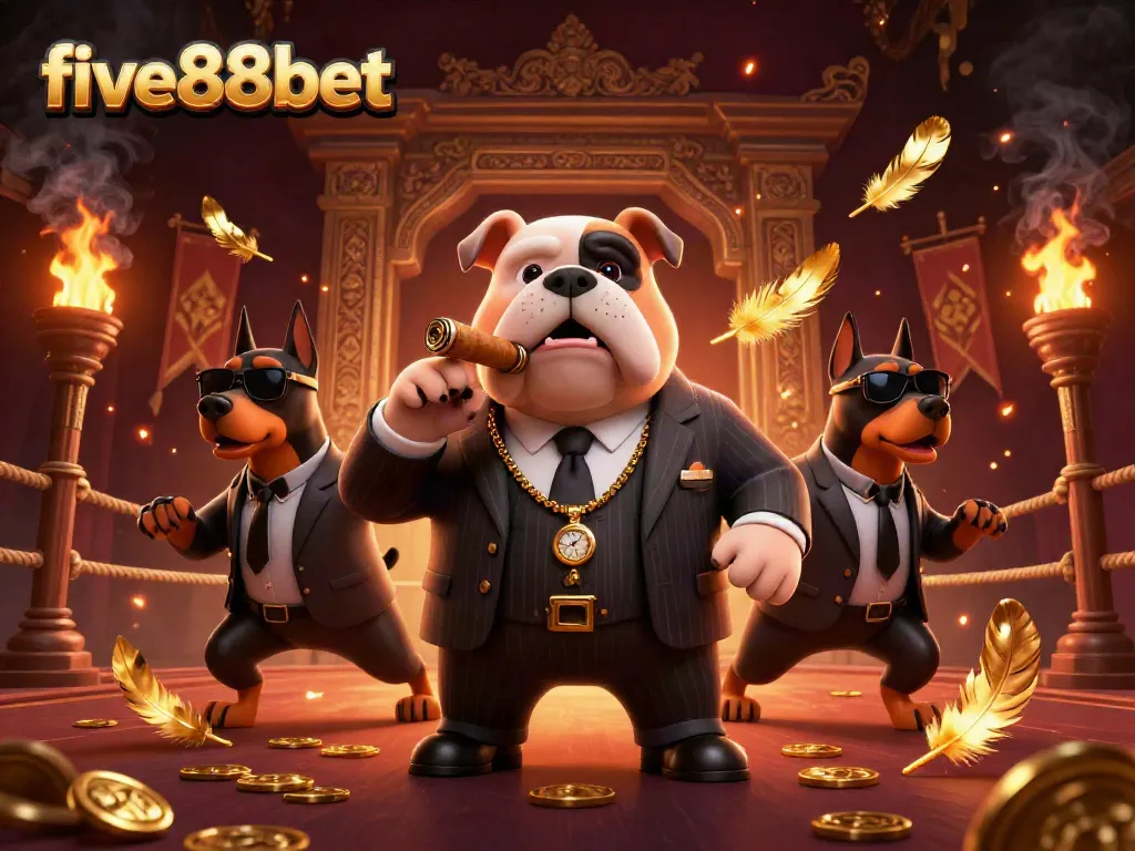 Win big with five88bet in an exciting casino-themed scene featuring cartoon mafia and dynamic elements.